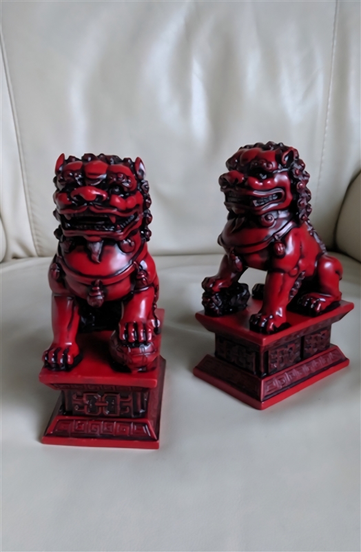 pair of red resin foo dog guardian lion bookends library shelf home decor