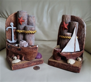 1989 vintage Steinmaster nautical chalkware bookends with ship and pier theme