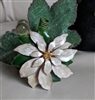Vintage 1960s 3D layered enamel floral brooch with ivory petals green leaves and amber bead center front and back views