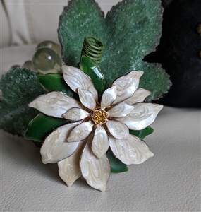 Vintage 1960s 3D layered enamel floral brooch with ivory petals green leaves and amber bead center front and back views