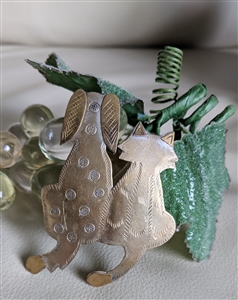 Vintage artisan brass tone cut out metal cat and dog silhouette brooch front and back views