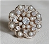 Vintage satin gold tone faux pearl clear bead flower brooch pin