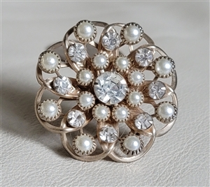 Vintage satin gold tone faux pearl clear bead flower brooch pin