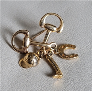 Vintage 1980s gold tone equestrian snaffle bit brooch with dangling horse charms