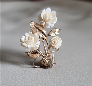 Vintage 1960 Van Dell gold filled floral bouquet brooch jewelry with carved white flowers