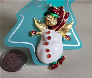 Vintage gold tone enameled snowman holiday brooch pin with colorful bead buttons