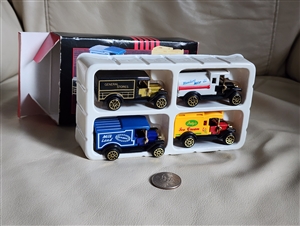 Collectible display car models vintage replicas delivery trucks colorful decor