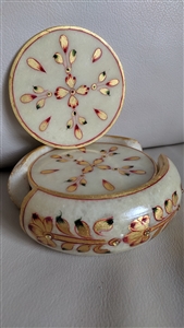Gold tone florals soapstone carved coasters set with storage box home decor