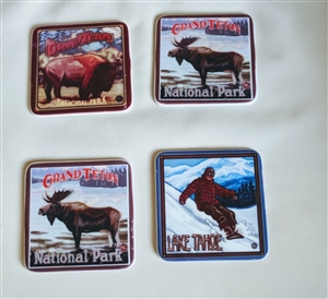 Porcelain Coasters bison moose and snowboarder set in colorful design Teton National Park