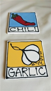 Porcelain coasters trivets chili and garlic images in colorful finish black backing cover