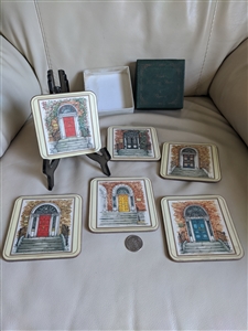 Preowned 1990 pimpernel irish heritage series set of six coasters displaying unique colorful entryway door designs with original green box