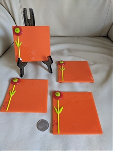 Preowned vintage art glass coaster set in orange floral design handcrafted accessories