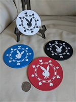 Preowned vintage Playboy Bunny rubber coaster set with gambling chip design for display