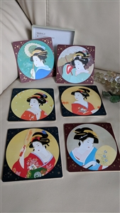 Bijinga Japanese art coasters set Peacock cards with Geisha central decor colorful design