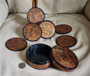 preowned vintage paisley paper mache handcrafted coaster set with storage box