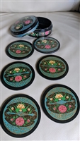 Vintage hand painted paper mache coaster set with floral folk design and storage box