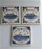 Set of 3 vintage 1998 blue and white porcelain Holland America Line coasters with cork backing featuring ms Prinsendam and ms Noordam ships