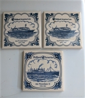 Set of 3 vintage 1998 blue and white porcelain Holland America Line coasters with cork backing featuring ms Prinsendam and ms Noordam ships
