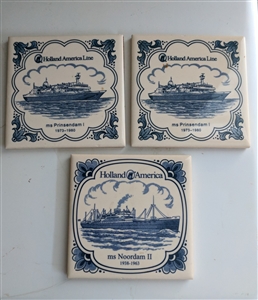 Set of 3 vintage 1998 blue and white porcelain Holland America Line coasters with cork backing featuring ms Prinsendam and ms Noordam ships