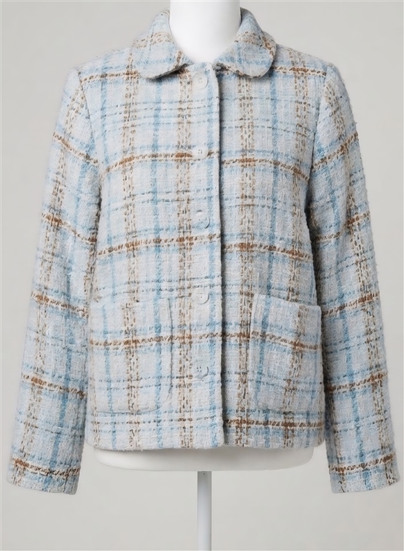 Womens LC Lauren Conrad plus size 0X cream bouclé tweed jacket with blue and rust orange pattern
