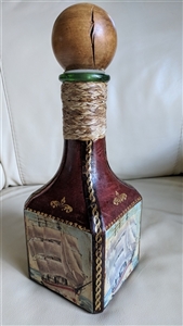 Vintage Italian leather wrapped green glass decanter with hand painted sailing ships and wooden stopper