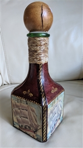 Vintage Italian leather-bound nautical ship bottle decanter with wooden stopper