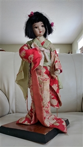 Vintage Japanese Geisha Nishi cloth doll on original wood base for restoration or repurposing 14 inches tall as-is condition