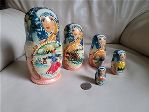 Matryoshka Russian nesting dolls set of 5 winter collectible handcrafted Folk Art for home decor and gifting