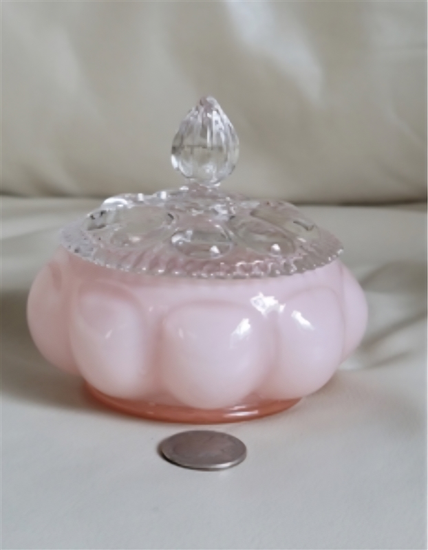 Vintage Fenton Rose Overlay pink milk glass puff box with rose patterned lid