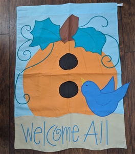 Vintage Toland heavy duty nylon outdoor flag pumpkin blue bird welcome all