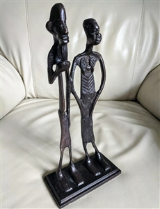 Cast metal African tribal men and women statue vintage metalwork art display for home and gifting