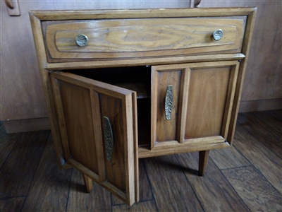 Vintage retro style wooden side table cabinet with metal hardware and storage drawer