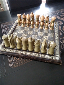 Chess Set 1970s Ceramic Aztec Spanish Conquistadors Heavy Tile Wood Board