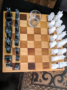 1970s Onyx Carved Incan Aztec Gods Chess Set White Rook Reattached Crown Black Pawn Missing Piece