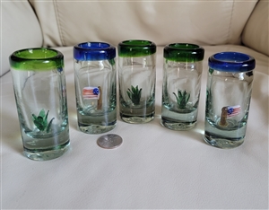 Art glass shot glasses with cacti, flag interior