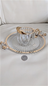 Jeannette clear ribbed pressed glass creamer pitcher and dual handled serving tray set with gold rim accent