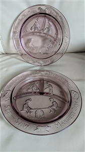 Indiana Glass Tiara nursery rhyme divided plates peach pink pressed glass children see saw scenery