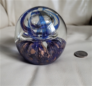 vintage large blue gold swirl art glass paperweight office decor preowned