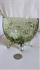 Vintage Fenton Rose Green glass footed bowl with embossed rose details and scalloped rim