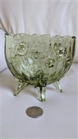 Vintage Fenton Rose Green glass footed bowl with embossed rose details and scalloped rim