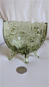 Vintage Fenton Rose Green glass footed bowl with embossed rose details and scalloped rim