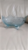 Jeannette Lombardi ice blue glass footed centerpiece bowl featuring embossed floral pattern and scalloped rim