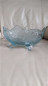 Jeannette Lombardi ice blue glass footed centerpiece bowl featuring embossed floral pattern and scalloped rim