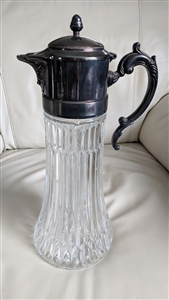 Tall vintage silver plated and fluted cut glass wine claret jug pitcher with hinged lid