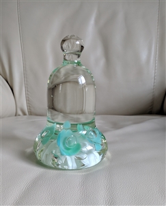 Vintage Joe St Clair turquoise and white floral art glass bell paperweight