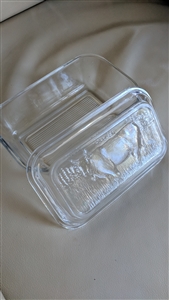 Arcoroc France clear glass rectangular butter dish with embossed cow lid