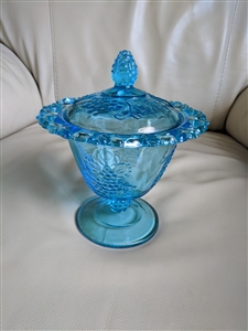 Vintage Colony Harvest Light Blue glass lidded compote candy dish with openwork lace rim