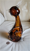Vintage 11 inch amber spotted art glass decorative cat figurine with long neck