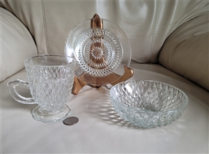Vintage Indiana Glass clear Diamond Point pattern 3 piece snack set with cup plate and bowl
