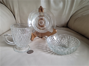 Vintage Indiana Glass clear Diamond Point pattern 3 piece snack set with cup plate and bowl